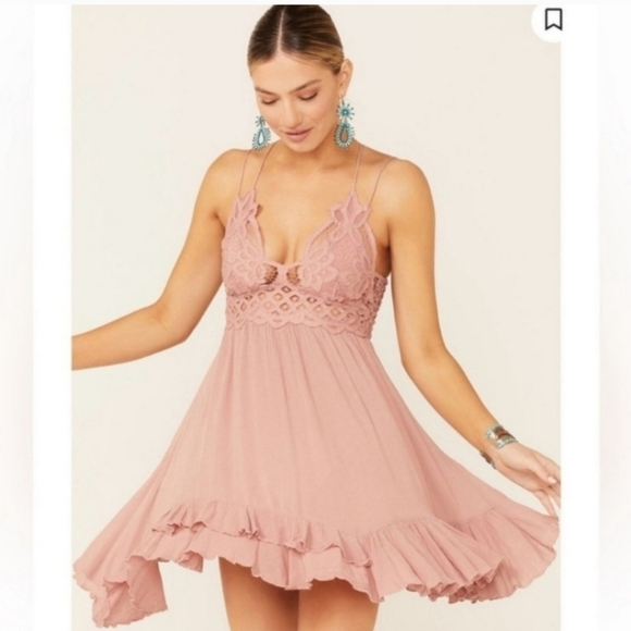Dresses & Skirts - Free People Adella Mini Dress XS Lace Layered Bohemian Boho Beachy Rose